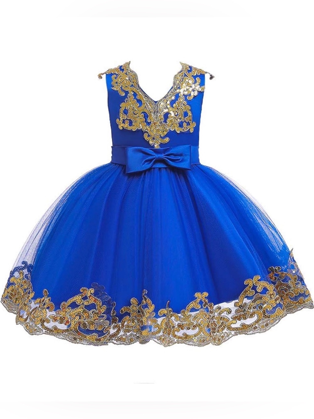 Girls Royal Blue Tulle Party Dress with Gold Appliqué